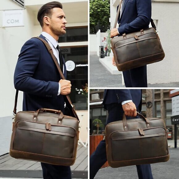 🆕Men Brown Fits 17.3 Inch Laptop Crossbody Shoulder Attached Leather Briefcase - Picture 9 of 12